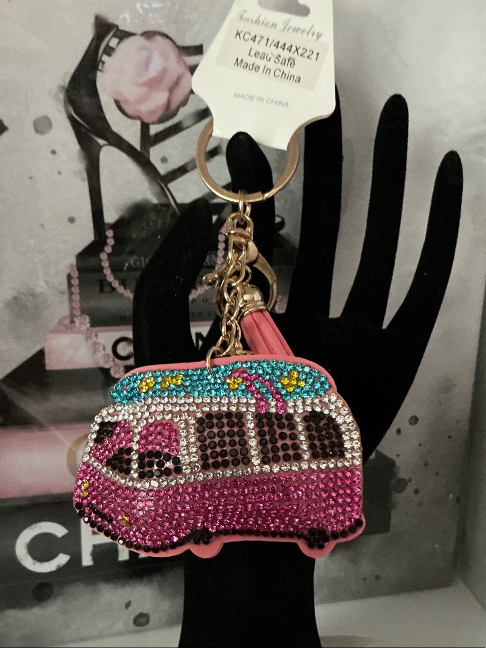 Fashion Jewelry Pink Rhinestone VW Bus Keychain with Tassel